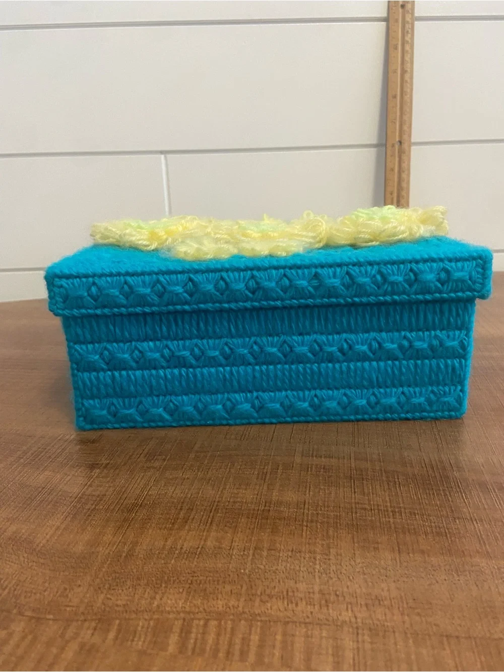 Handcrafted Yarn crocheted box Yellow Floral Accent w/ lid